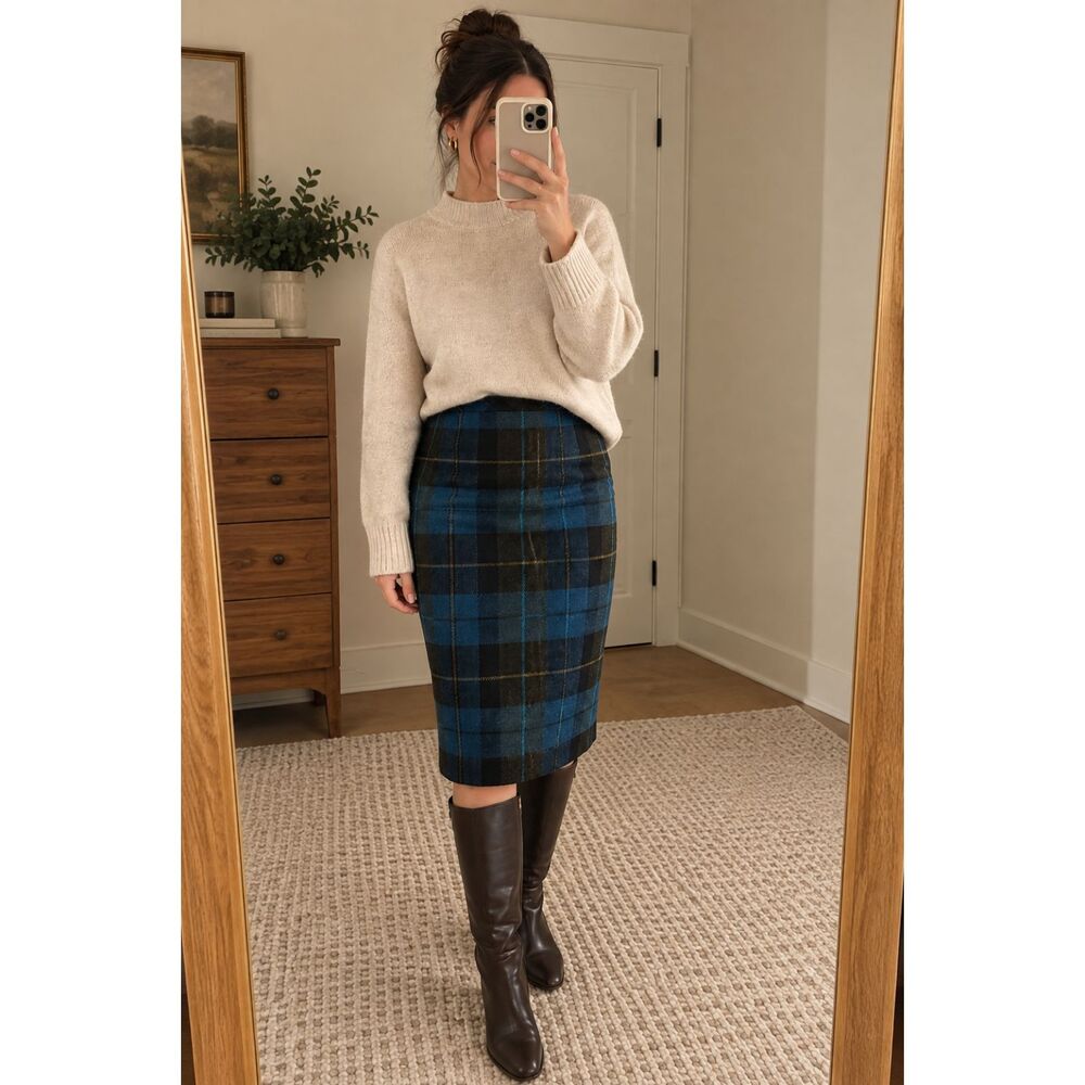 Worthington Petite Blue Plaid Wool Blend Midi Pencil Skirt 10P